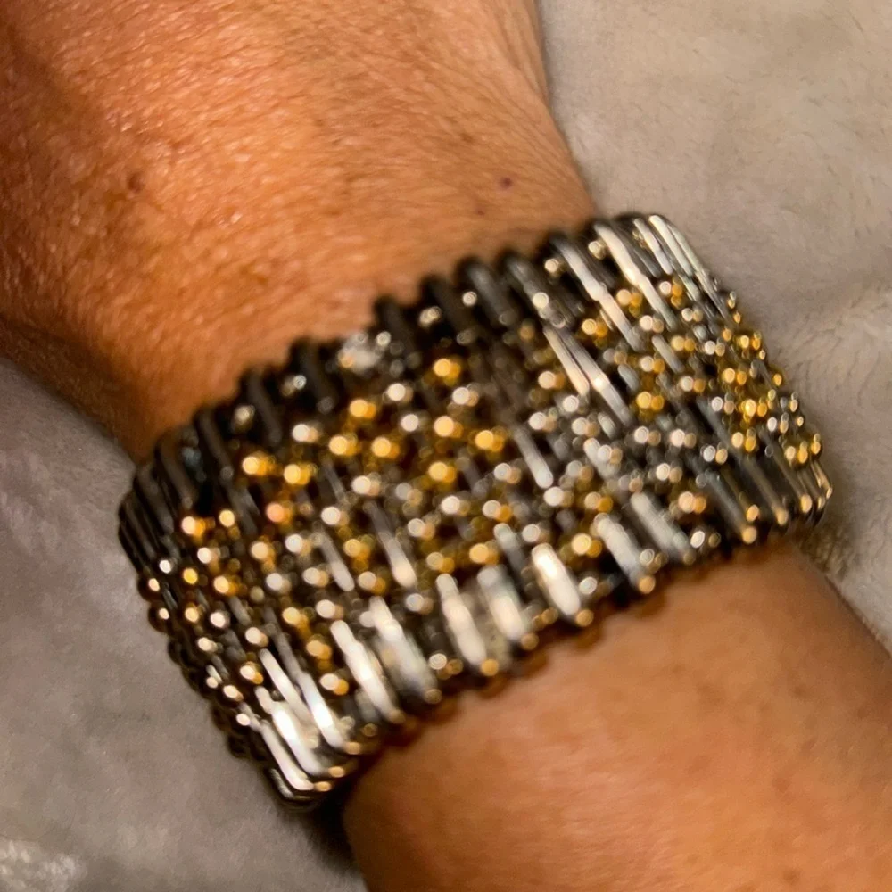 Vintage safety, pin, gold and silver bowl stretch bracelet